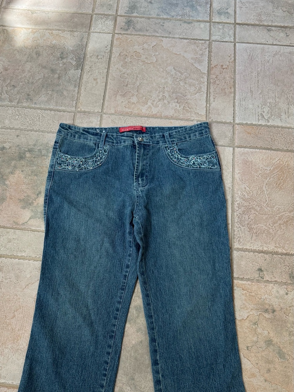 Cosmopolitan Dark Blue Embroidered Pocket Cropped Jeans